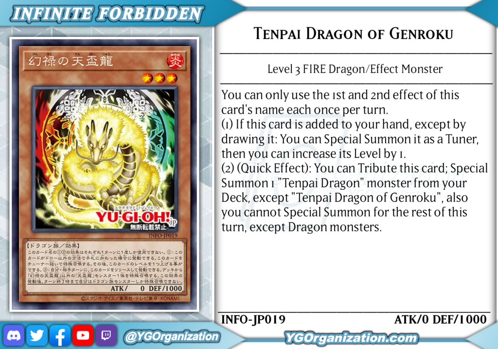 Genroku no Tenpairyuu / Tenpai Dragon of Genroku FIRE Dragon / Effect LV3 0/1000 You can only use the 1st and 2nd effect of this card's name each once per turn. (1) If this card is added to your hand, except by drawing it: You can Special Summon it as a Tuner, then you can increase its Level by 1. (2) (Quick Effect): You can Tribute this card; Special Summon 1